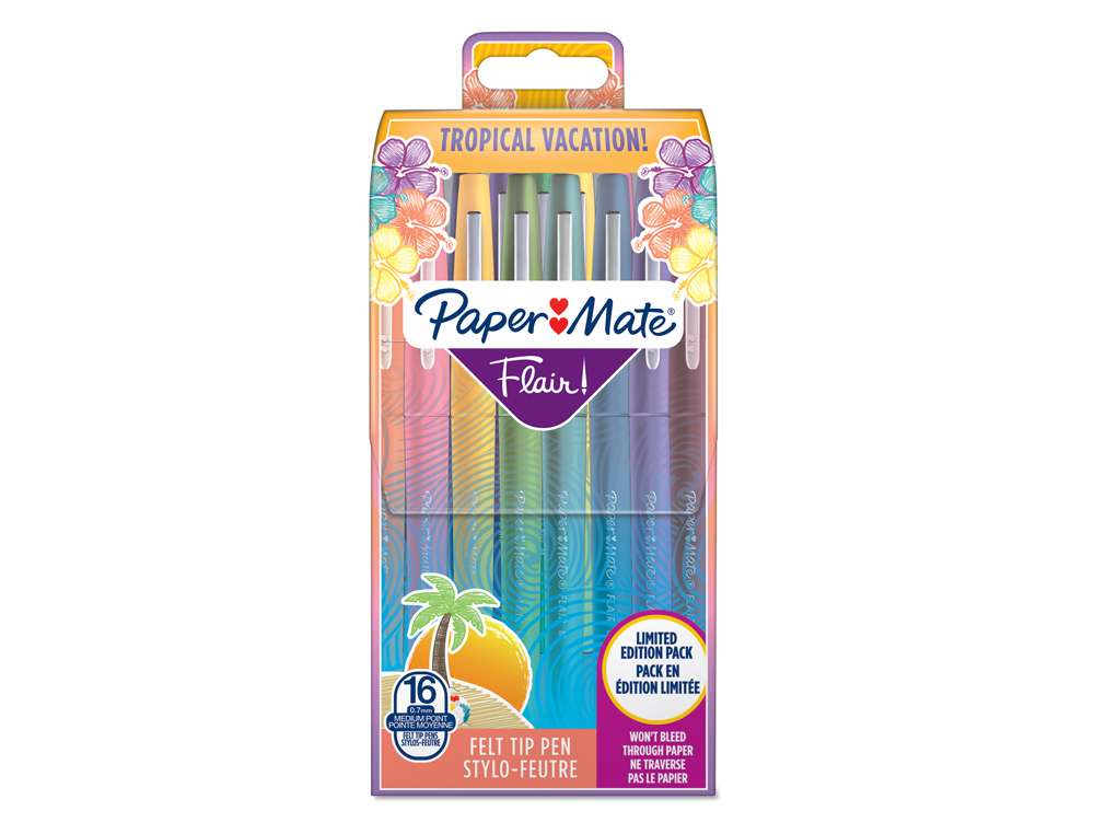 STYLO-FEUTRE PAPER MATE FLAIR TROPICAL POINTE MOYENNE 1MM LONGUE DURE DE VIE POCHETTE 16 COLORIS ASSORTIS