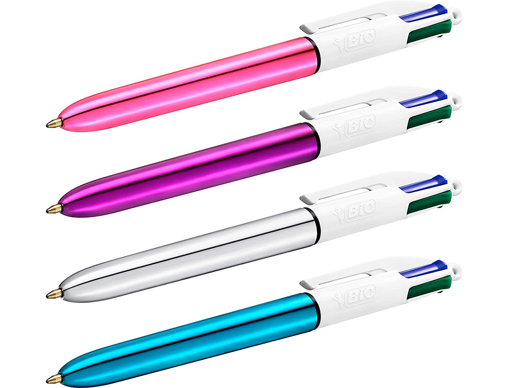 STYLO-BILLE BIC 4 COULEURS SHINE RETRACTABLE             RECHARGEABLE POINTE MOYENNE   1MM CORPS BLANC/OR ROSE