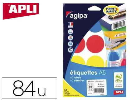 PASTILLE ADHSIVE APLI AGIPA DIAMTRE 45MM COLORIS ASSORTIS POCHETTE 84 UNITS