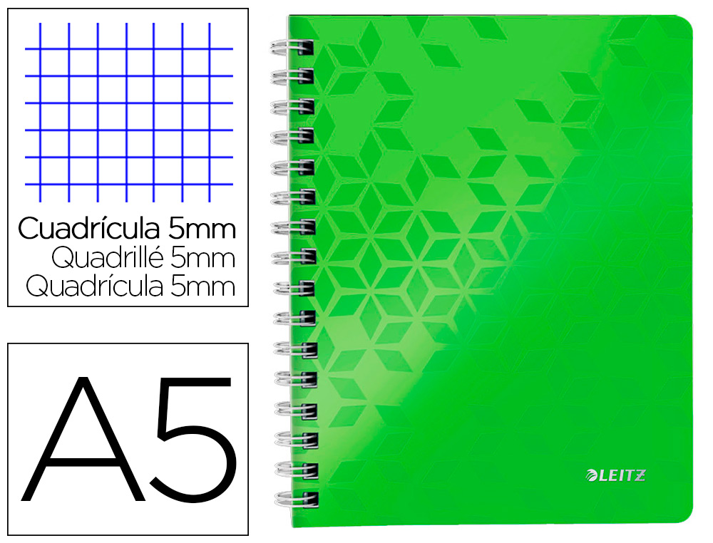 CAHIER SPIRALE LEITZ WOW COUVERTURE POLYPROPYLNE A5 160P 5X5MM MICROPERFOR COLORIS VERT