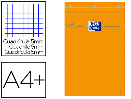 BLOC BUREAU OXFORD A4+ PAPIER VLIN SURFIN AGRAF EN TTE COUVERTURE ENVELOPPANTE 210X320MM 80F 80G 5X5MM COLORIS ORANGE