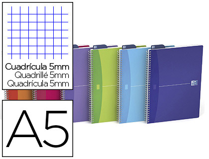 CAHIER SPIRALE OXFORD RELIURE INTGRALE MY COLOURS OPTIK PAPER A5 14,8X21CM 180 PAGES 90G 5X5MM COLORIS ASSORTIS