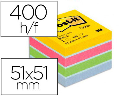 BLOC-NOTES POST-IT MINI 51X51MM 400F 4 COLORIS FLUO JAUNE ROSE BLEU VERT